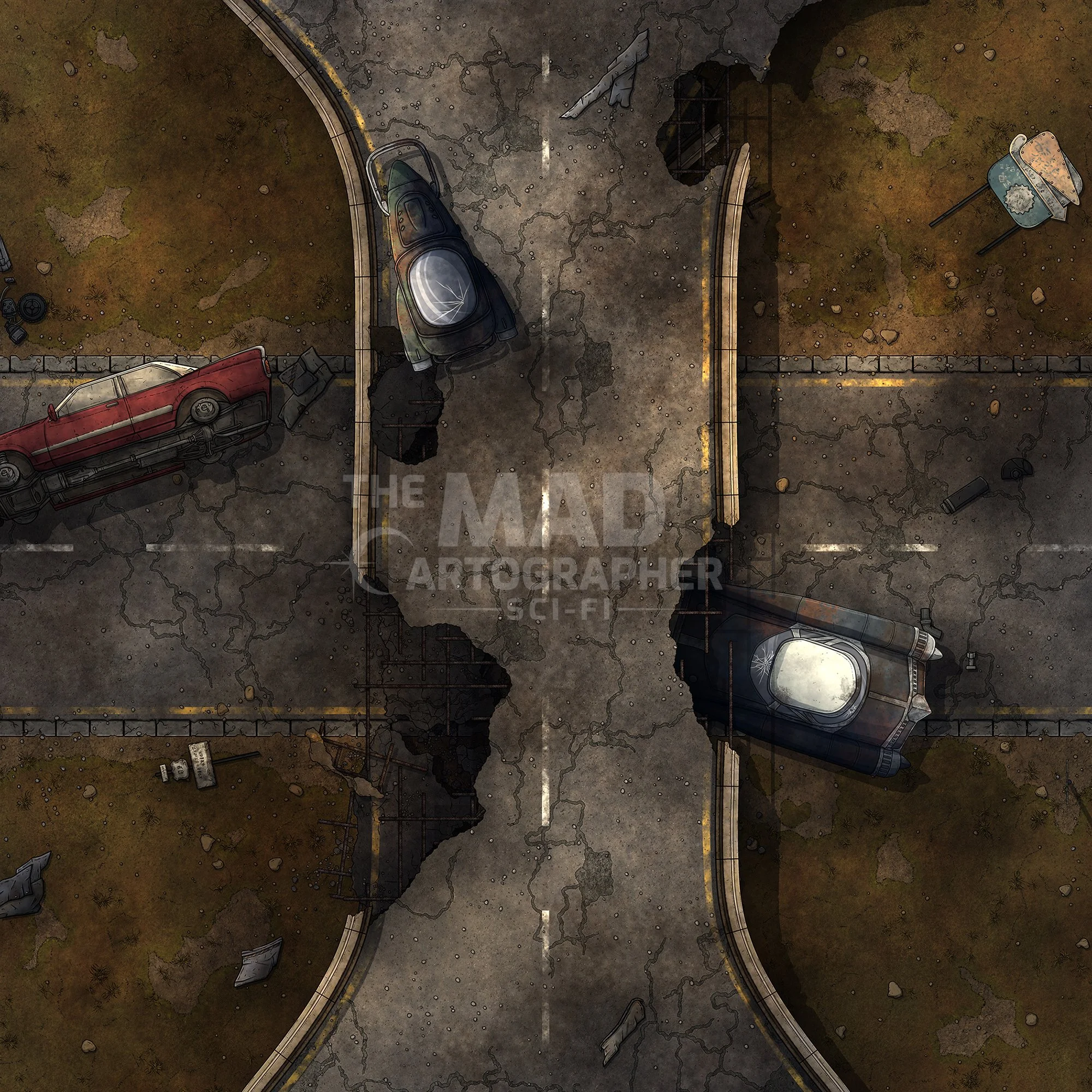 CRUMBLING OVERPASS | 15x15 | A ruined stretch of highway dotted by abandoned vehicles. [🪑 Asset Variants] [🏨 Multi-floor Map]