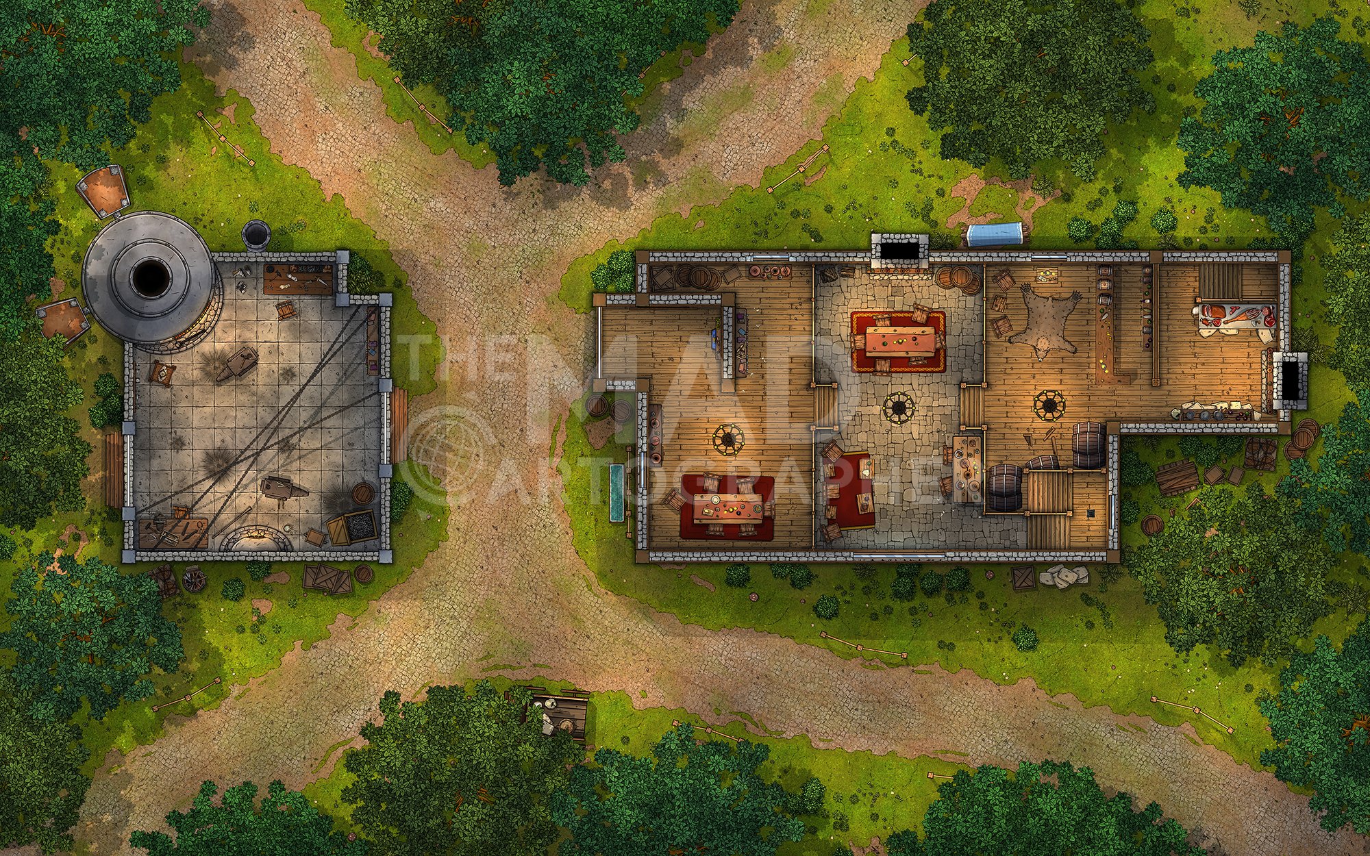 LION'S PRIDE INN | 30x20 | A small tavern where fledgling heroes can repair their gear and the nearby smithy. [🌓 Night & Day Variants] [🏨 Multi-floor Map]
