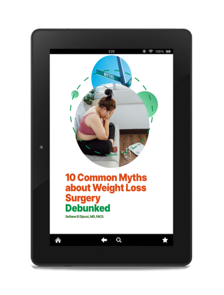 E-book cover titled '10 Common Myths About Weight Loss Surgery Debunked' showing a woman sitting on the floor, holding her head, with an illustration of a stomach and weight loss chart.