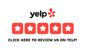 Yelp logo with a five-star review graphic and a 'Click here to review us on Yelp' message.