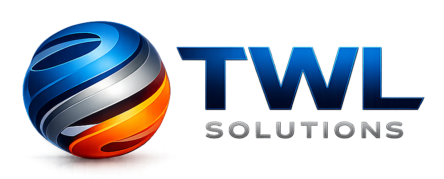 Logo for TWL Solutions featuring a colorful 3D spherical design and bold blue and black text.