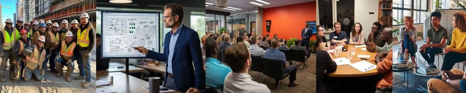 A collage of five images: construction workers wearing safety gear at a job site, a man in a suit giving a presentation with a screen, a business meeting in a conference room, a group of people in a casual discussion, and a team of young professionals working together in an office.