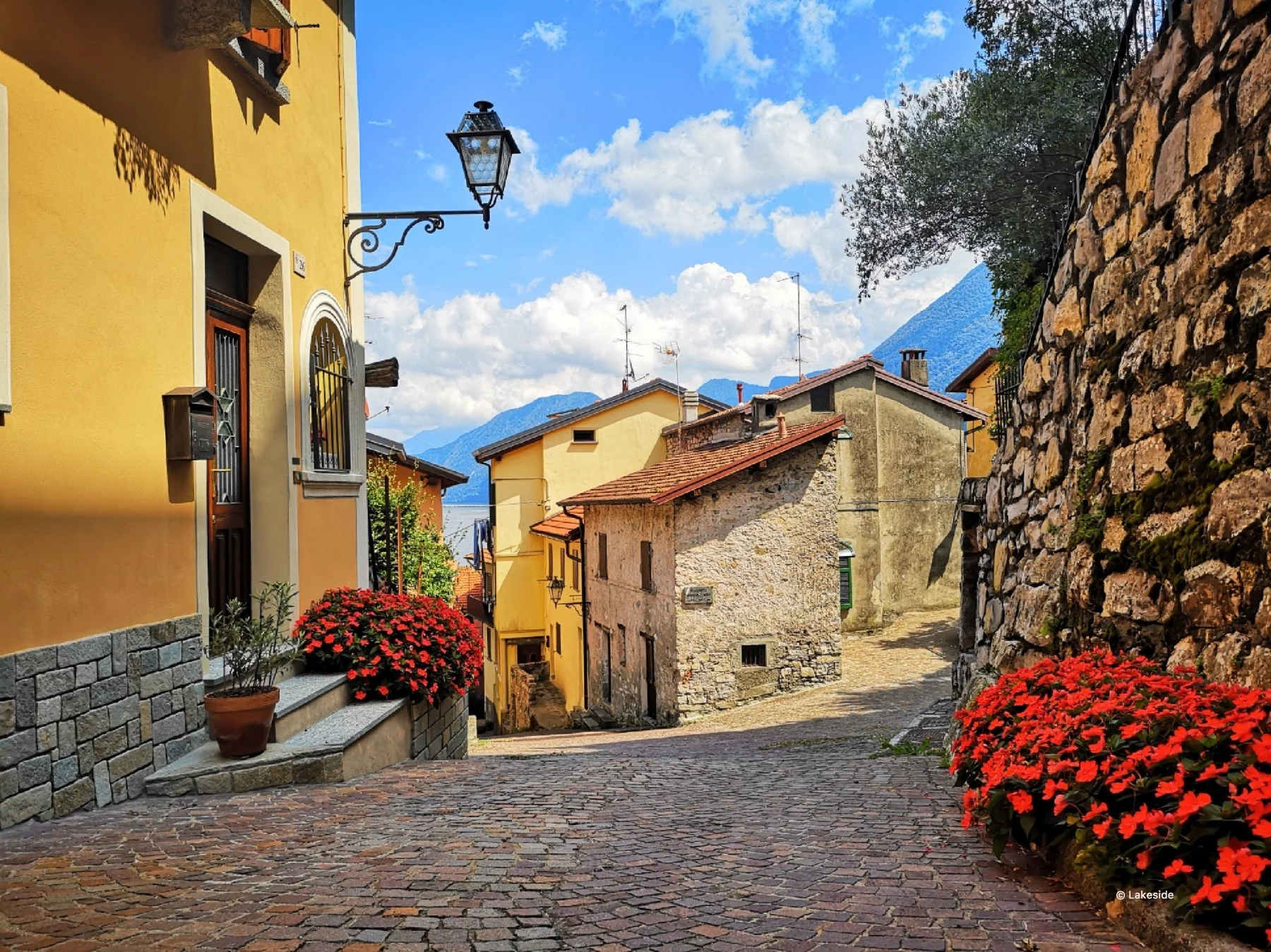 Una strada acciottolata di un villaggio con case colorate, fiori rossi e montagne sullo sfondo.