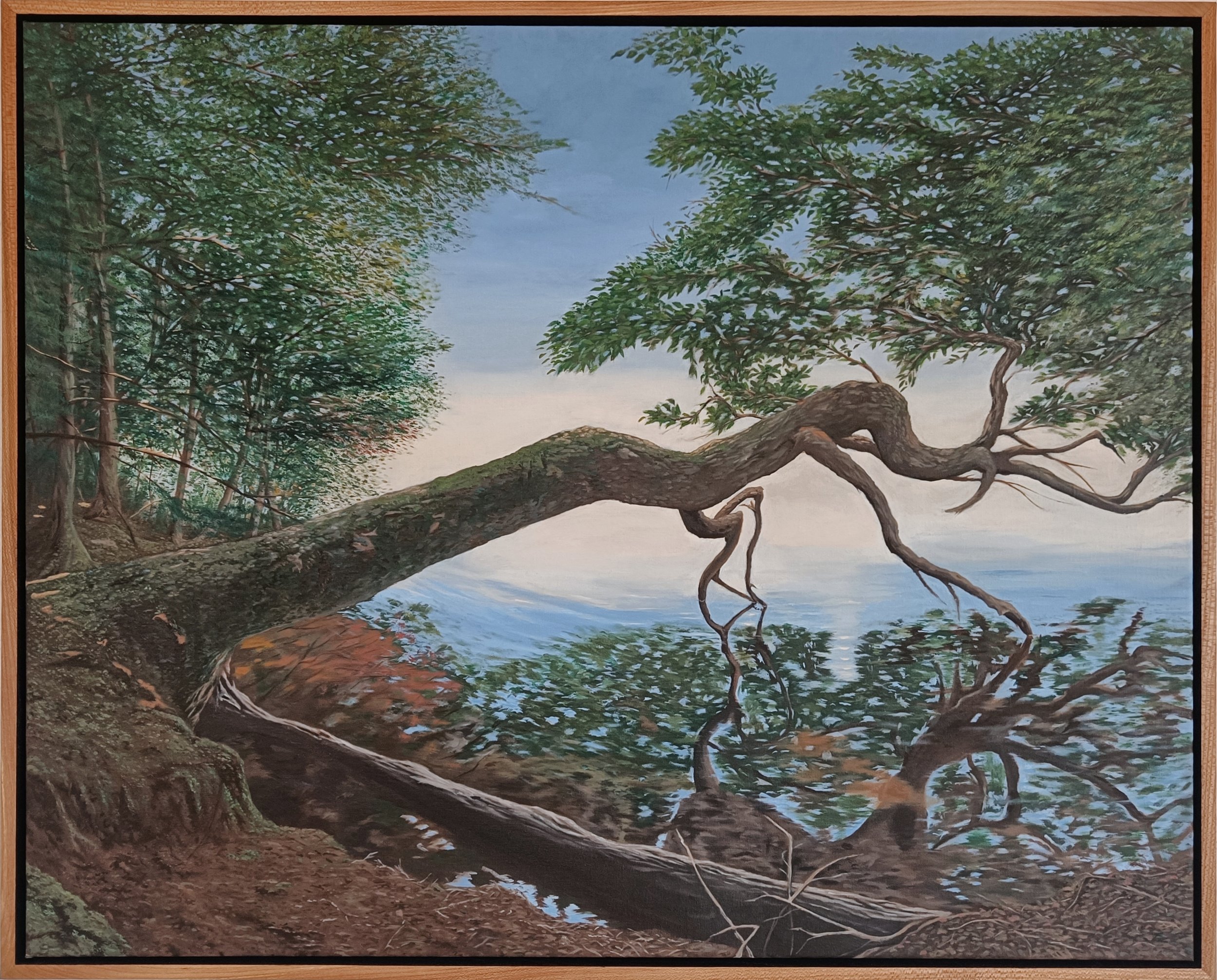 Et maleri af en trægren, der strækker sig ud over en vandflugt, med grønne blade og omgivet af træer på stranden.