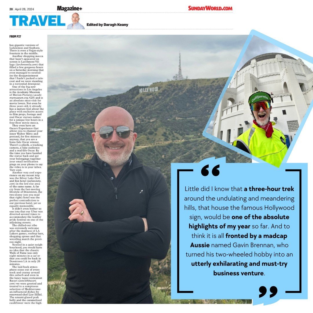 As featured in ... Sunday World, Dublin. 🇮🇪 🇦🇺 🇺🇸⚡️🚴🏻💚 
Heartfelt thanks to Travel &amp; Features editor Daragh Keany, Lisa Preece Discover LA and the picture-perfect talents of Sarah Horgan 📸 💙 
Full article link in bio
.
.
.
#ebiketoursl