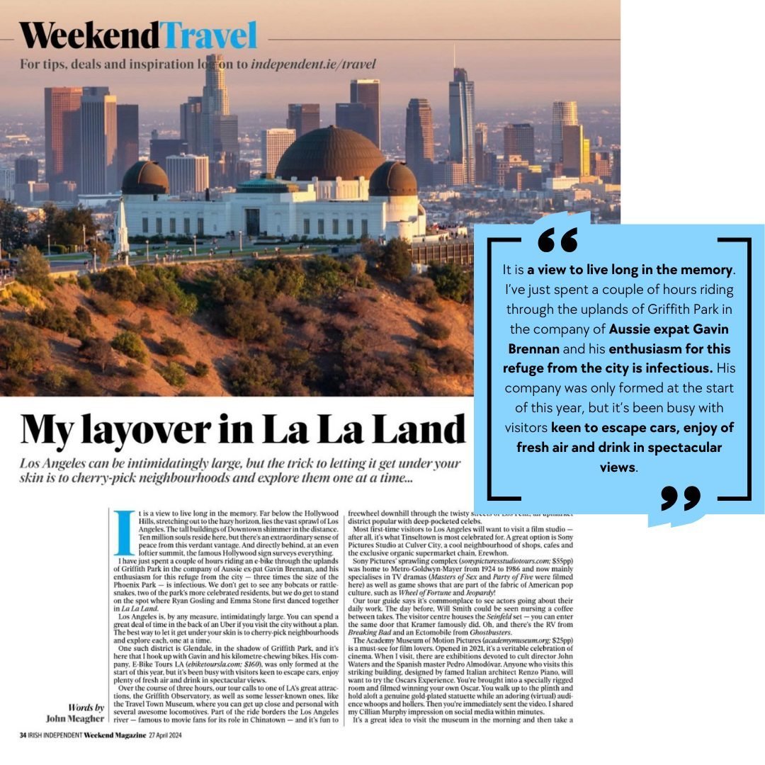 As featured in ... Irish Independent Dublin 🇮🇪 🇦🇺 🇺🇸 Madly grateful to journalist John Meagher, Lisa Preece Discover LA ⚡️🚴🏻💚
Full article, link in bio.
.
.
.
#ebiketoursla #discoverla #griffithpark #griffithobservatory #lariver #losangelesr
