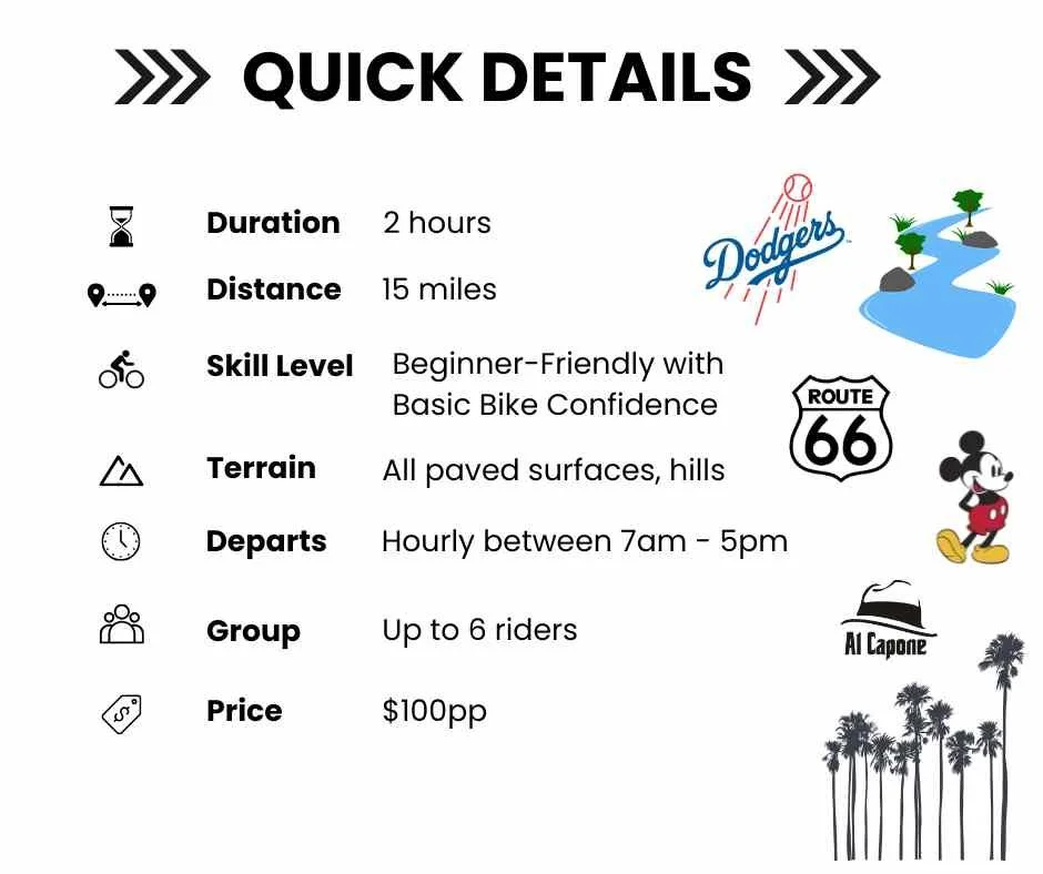 Eastside Express Elysian Park E-Bike Tour Los Angeles quick details infographic showing 2-hour guided ride, 15-mile route, medium confidence skill level, LA River and Dodger Stadium highlights