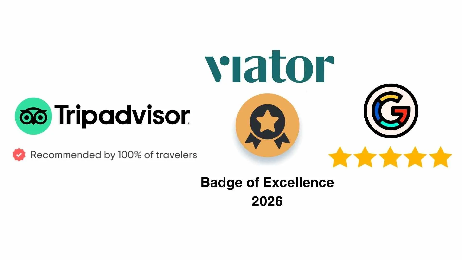 Logos trip advisor, viator badge of excellence and google