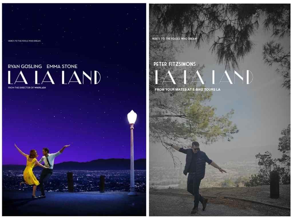 Guest recreating the La La Land movie poster at Cathy’s Corner overlook during a Griffith Park e-bike tour in Los Angeles