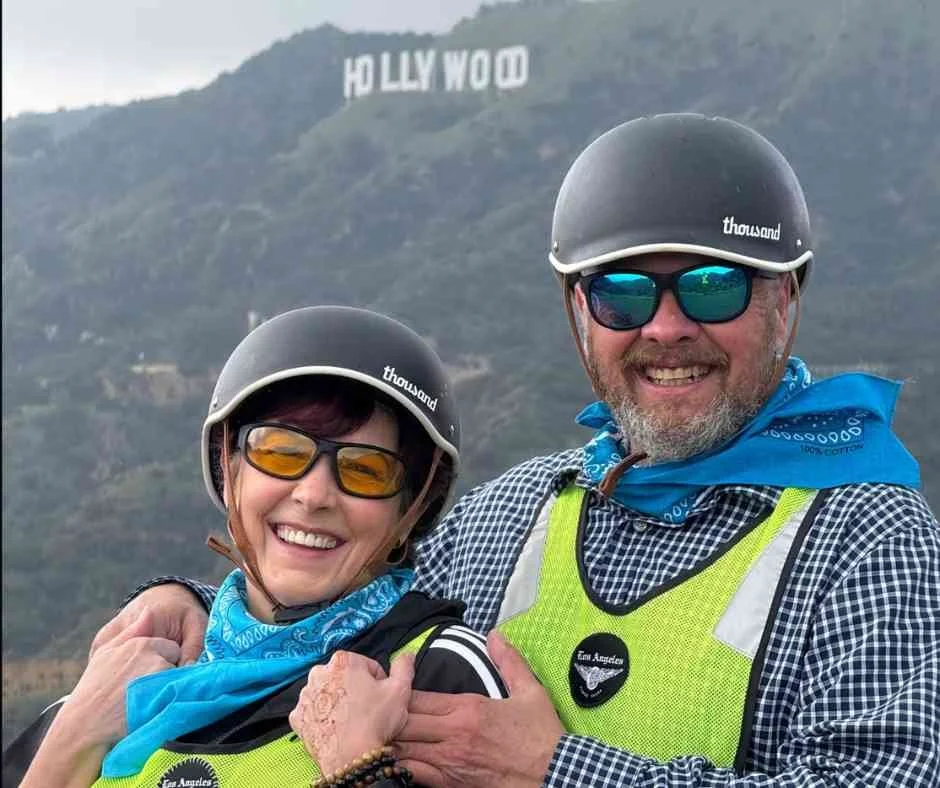 First-time e-bike riders enjoying views of the Hollywood Sign during a guided Los Angeles tour