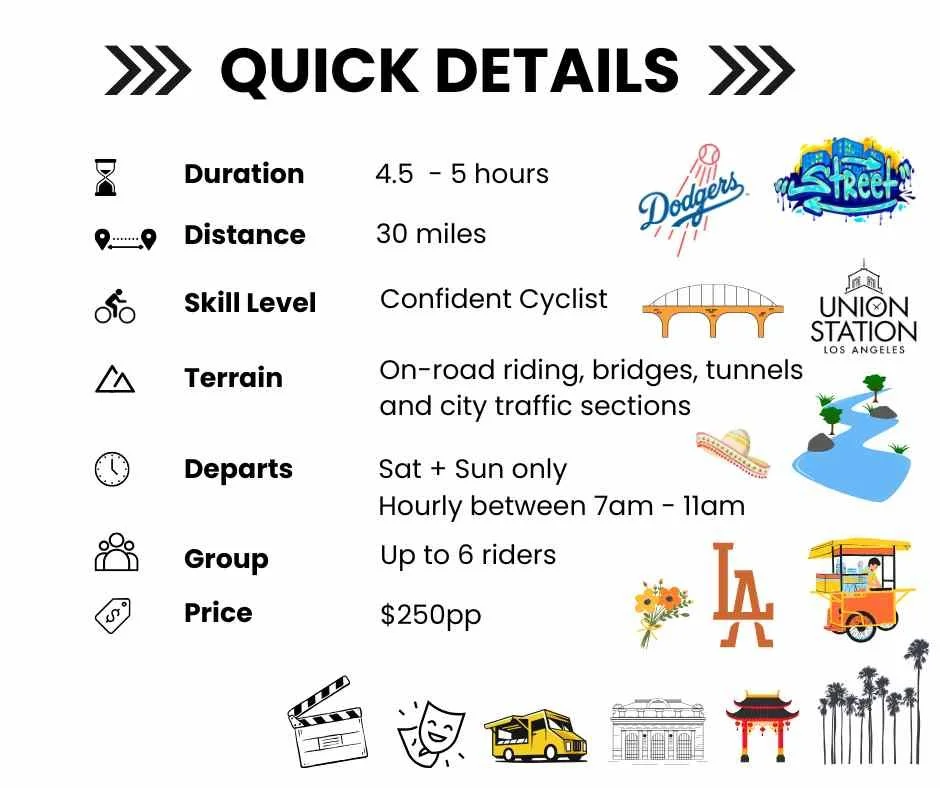 Downtown Los Angeles E-Bike Tour quick details infographic showing 4.5–5 hour guided urban ride, 30-mile route, intermediate skill level, DTLA landmarks and cultural highlights