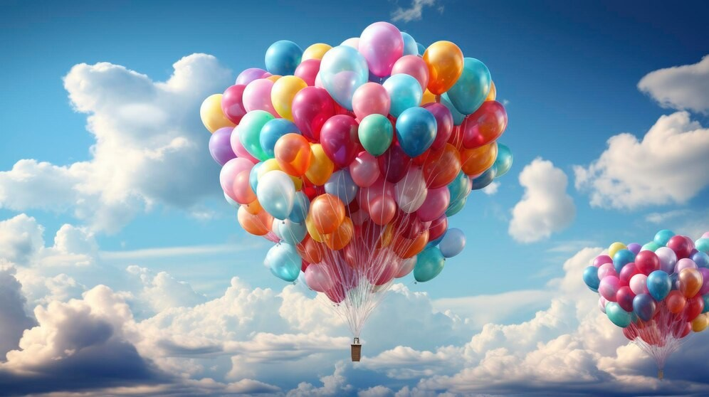 A large cluster of colorful balloons floating in the sky.