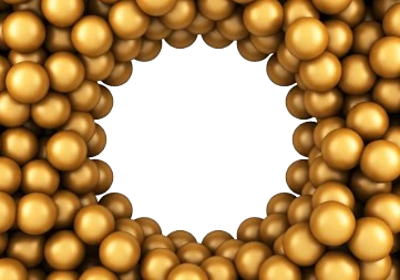 Golden spherical beads forming a circular frame with a blank white center.