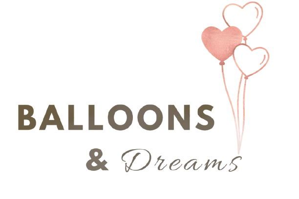 Text that says 'Ballons & Dreams' with pink and beige heart-shaped balloons floating above.