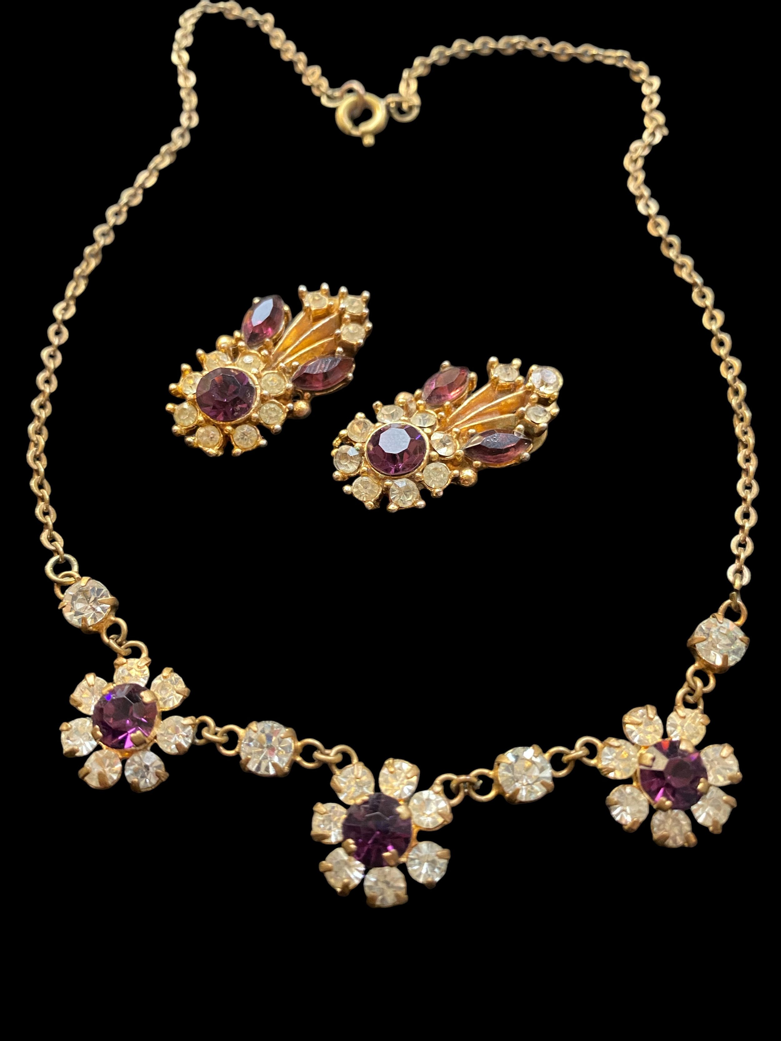 Vintage delicate purple flower necklace and earing set