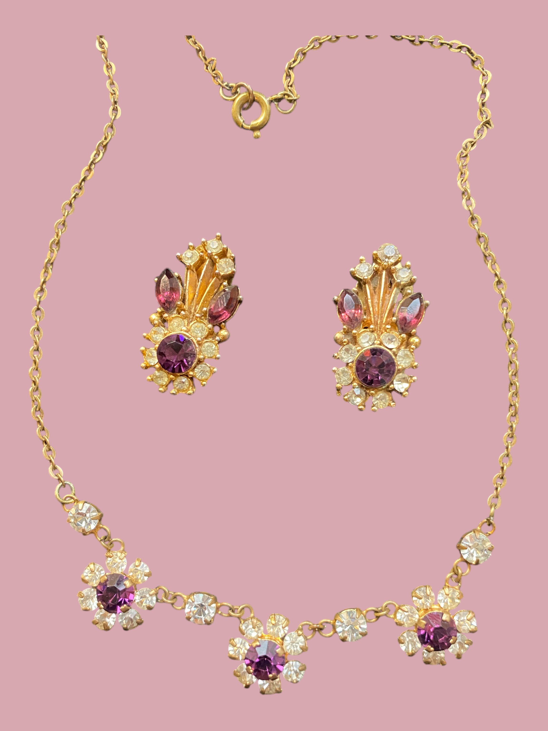 Vintage delicate purple flower necklace and earing set