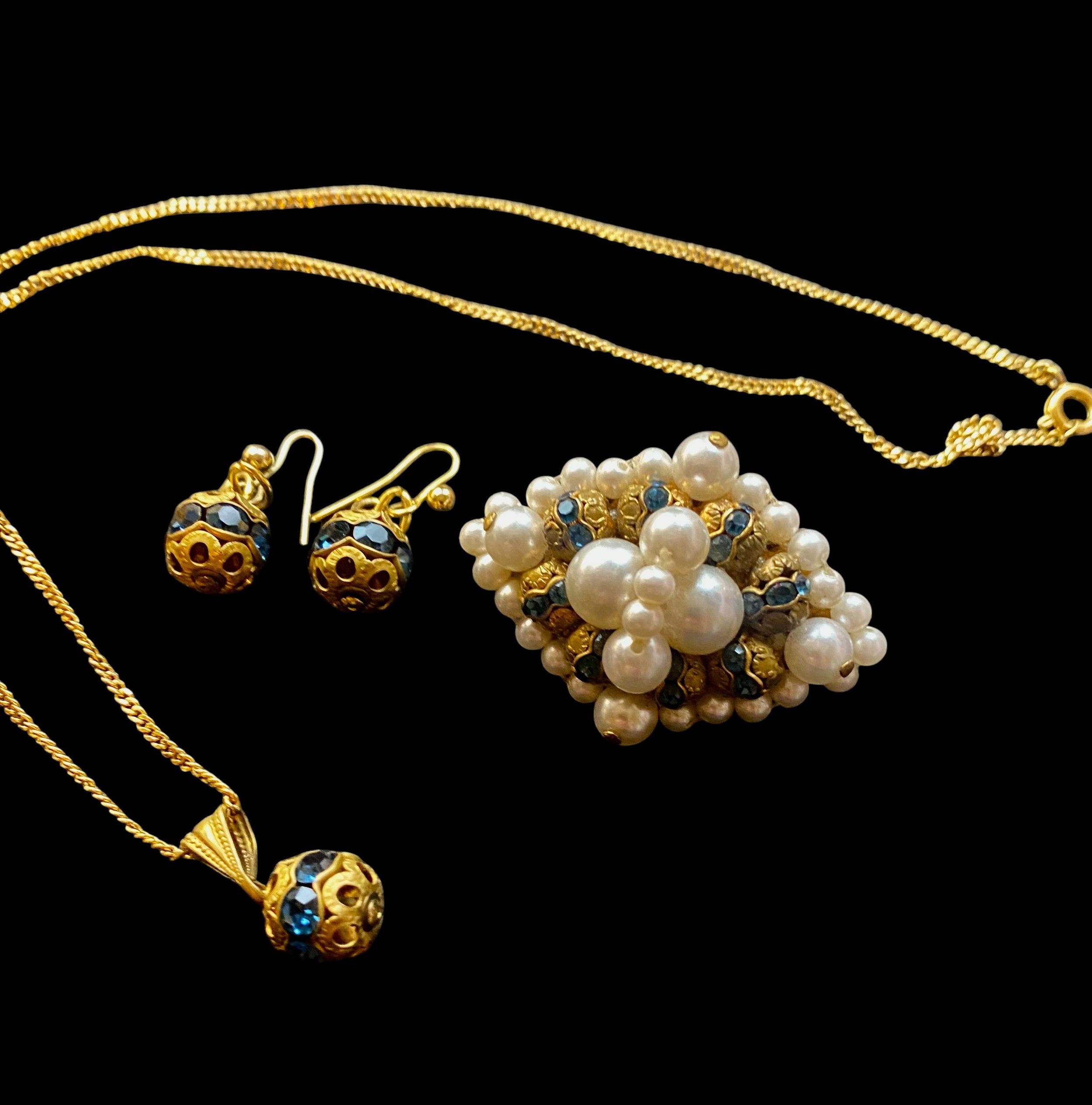 Vintage filigree blue ball necklace set