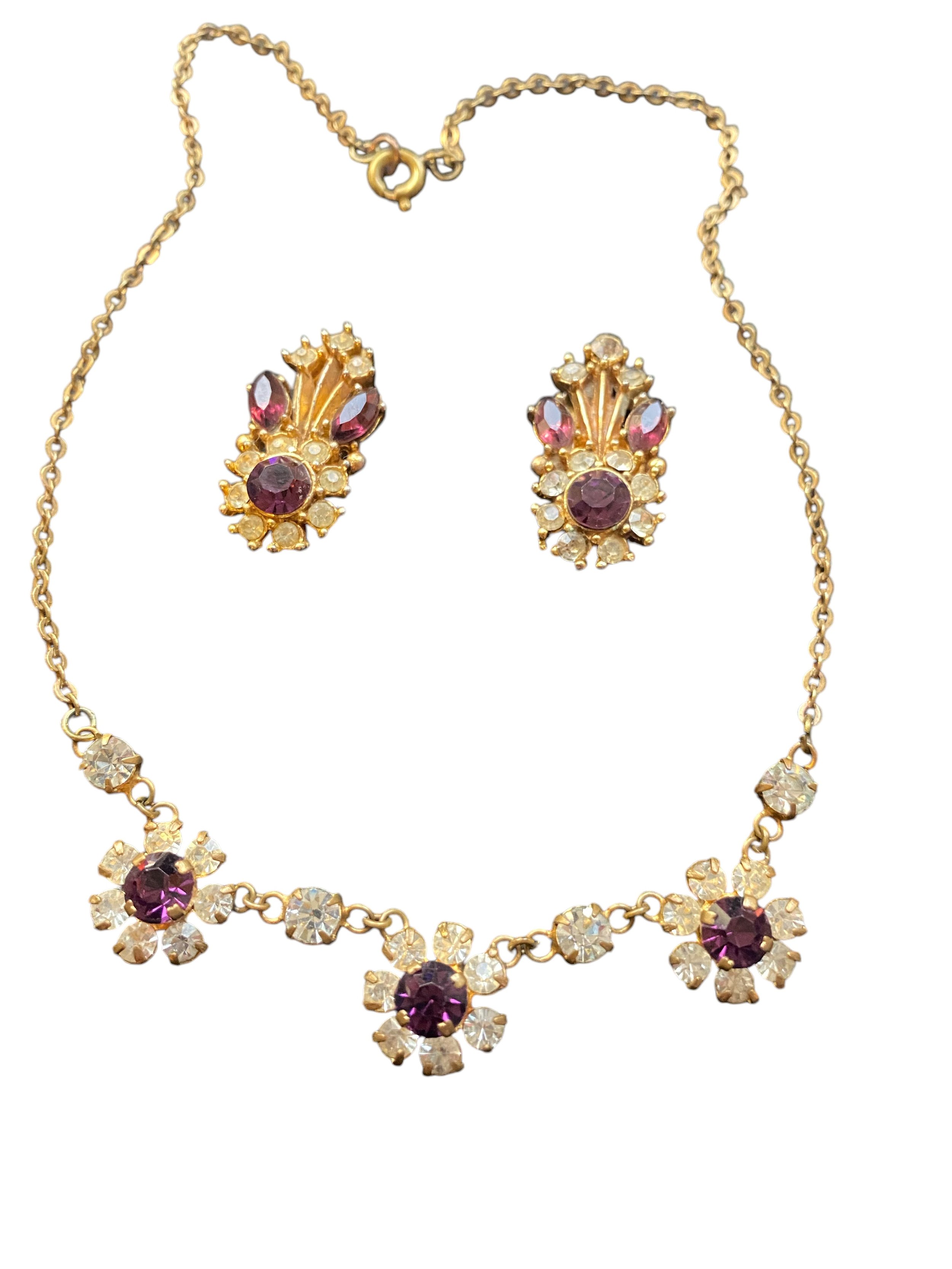 Vintage delicate purple flower necklace and earing set
