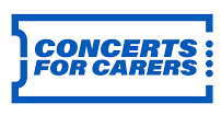 Logo that reads 'Concerts for Carers' in blue text inside a stylized ticket shape.