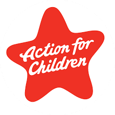 Red star-shaped logo with white text that says 'Action for Children'