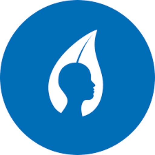 Blue circular logo with a white profile of a woman's face and a hair strand resembling a feather.