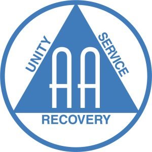 Logo of Alcoholics Anonymous featuring a blue triangle with the words 'Unity,' 'Service,' and 'Recovery' around it.