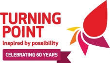Turning Point logo with red and pink color scheme, celebrating 60 years