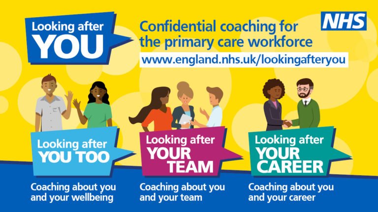 An informational graphic promoting confidential coaching for NHS primary care staff. It features illustrations of diverse healthcare professionals and emphasizes caring for oneself, team, and career.