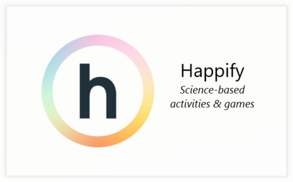 Logo with a large letter 'h' inside a rainbow gradient circle, and the words 'Happify Science-based activities & games' to the right.