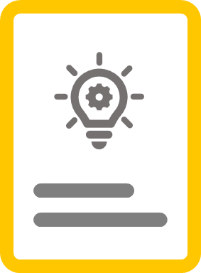 Icon of a light bulb with a gear inside, on a black and yellow background, representing ideas or innovation.