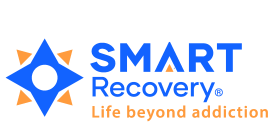Logo of SMART Recovery with a blue star and orange elements, including the text "SMART Recovery" and the slogan "Life beyond addiction."