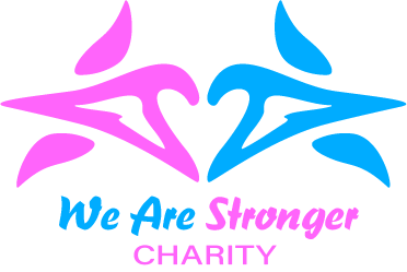 Two stylized birds, one pink and one blue, facing each other with wings open, forming a heart shape above the text "We Are Stronger" and "Charity".