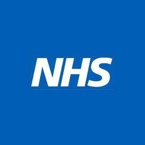 NHS logo with white letters on a blue background