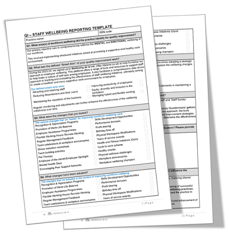 Two pages of a staff wellbeing reporting template document, with sections for improvements, challenges, and changes.