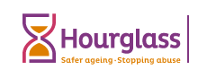 Logo for Hourglass with the tagline 'Safer ageing - stopping abuse'