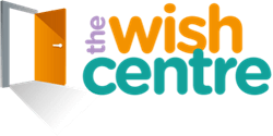 Logo of The Wish Centre with an open door and colorful text