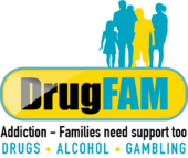 DrugFAM logo with a yellow and black color scheme, featuring a silhouette of a person in yellow standing on top of a blue background.