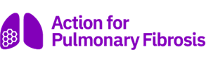 Logo for Action for Pulmonary Fibrosis with purple lungs and text