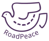 A black and purple logo of a hand making a peace sign with the words 'RoadPeace' written below.