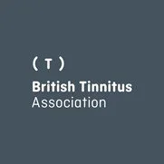 British Tinnitus Association logo with white text and symbols on a dark gray background.
