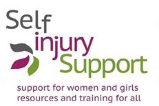 Logo for Self Injury Support with text and abstract flower graphic