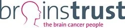 Logo with the words 'brain' and 'trust' separated by a pink brain outline, and the phrase 'the brain cancer people' underneath