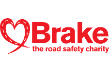Logo for Brake, the road safety charity, featuring a red heart-shaped design and red text.