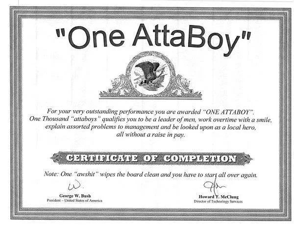 "One AttaBoy" Certificate of Completion