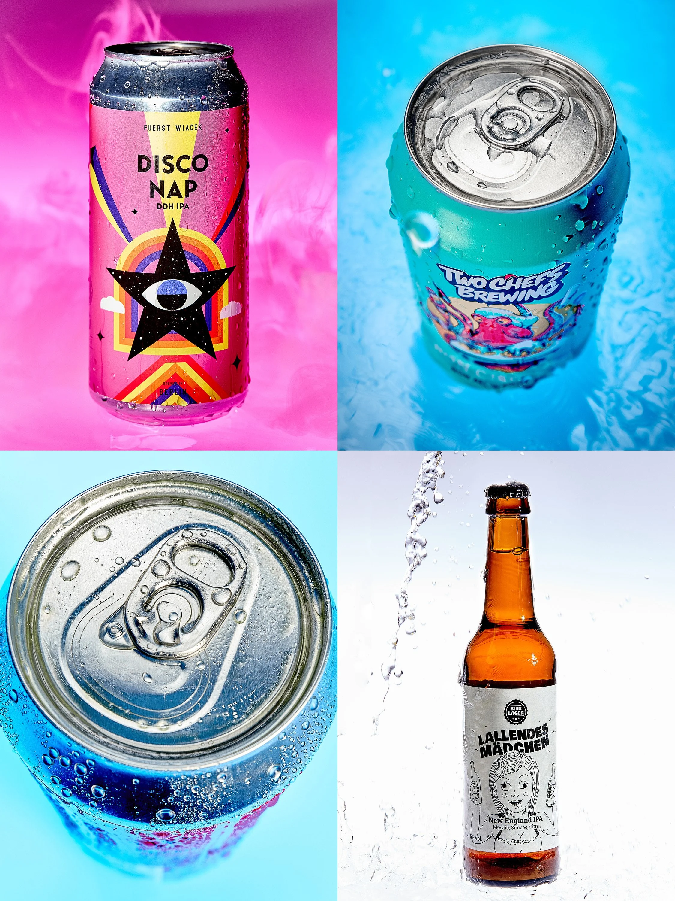Getränkedosen vor bunten Hintergründen, eine Pinke mit Wassertropfen und grafischem Design, eine blaue Dose mit