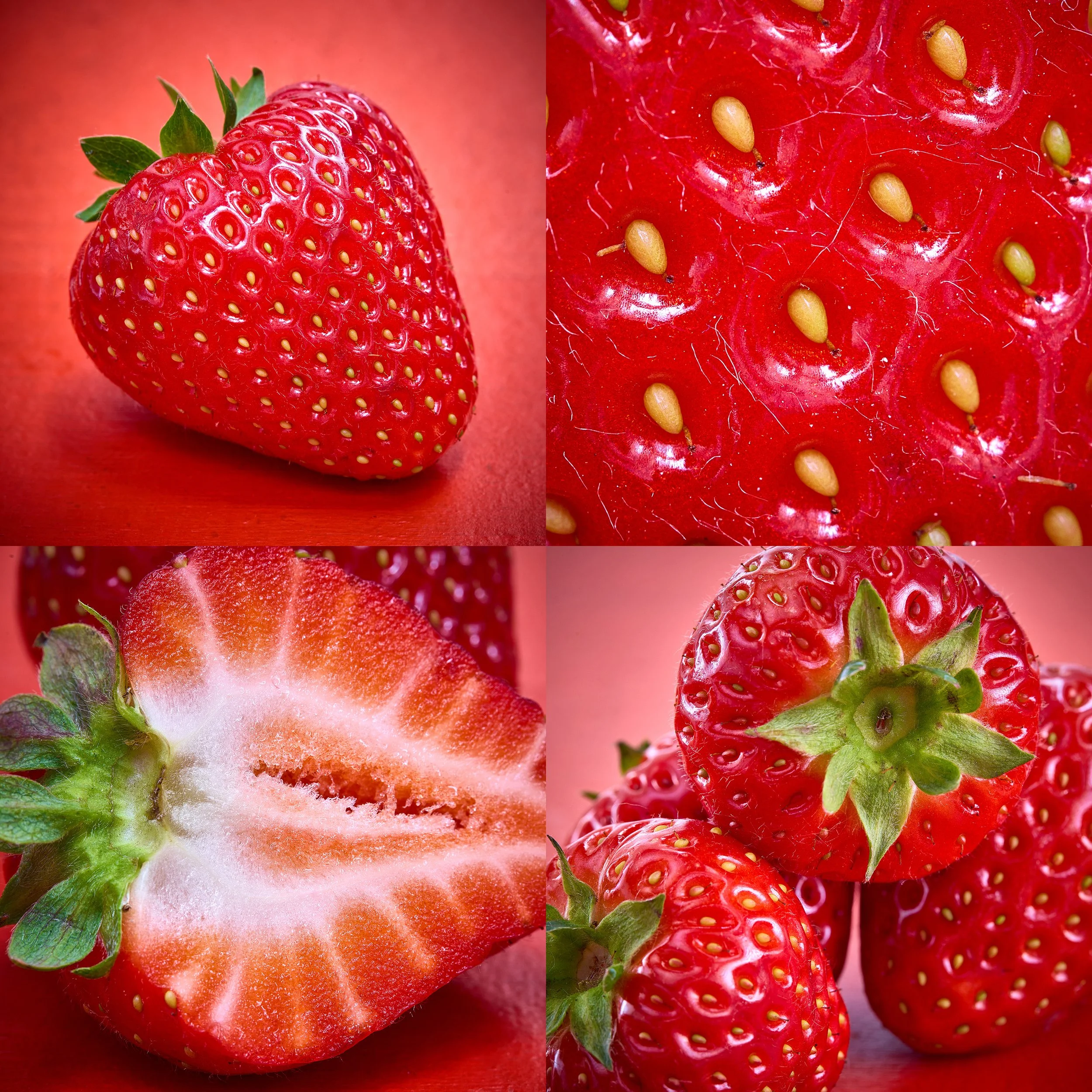 Nahaufnahme von frischen Erdbeeren, eine halbiert und andere als Ganzes