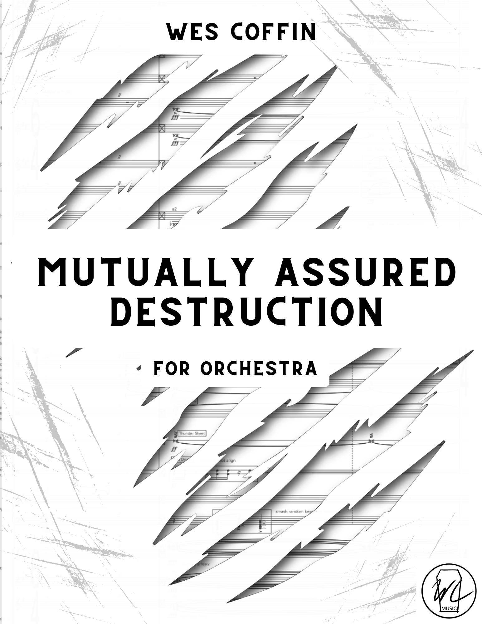 Music album cover titled 'Mutually Assured Destruction' with a background of fiery orange and red flames, a black circular outline of the Earth at the center, and the artist name 'wescoffinmusic' in a black arrow shape at the bottom right corner.