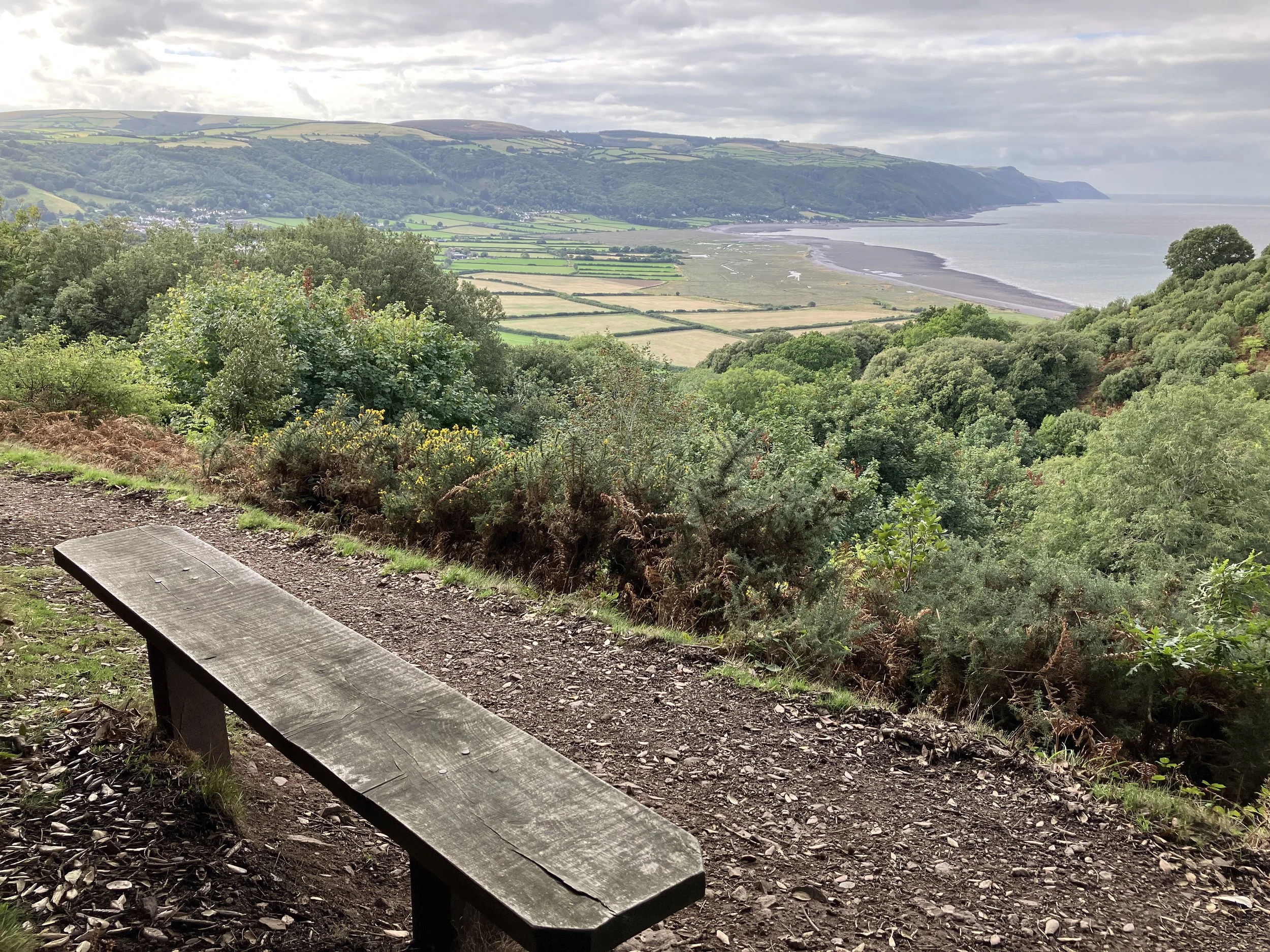 church combe path - bench - view over bossington bay - grey.JPG