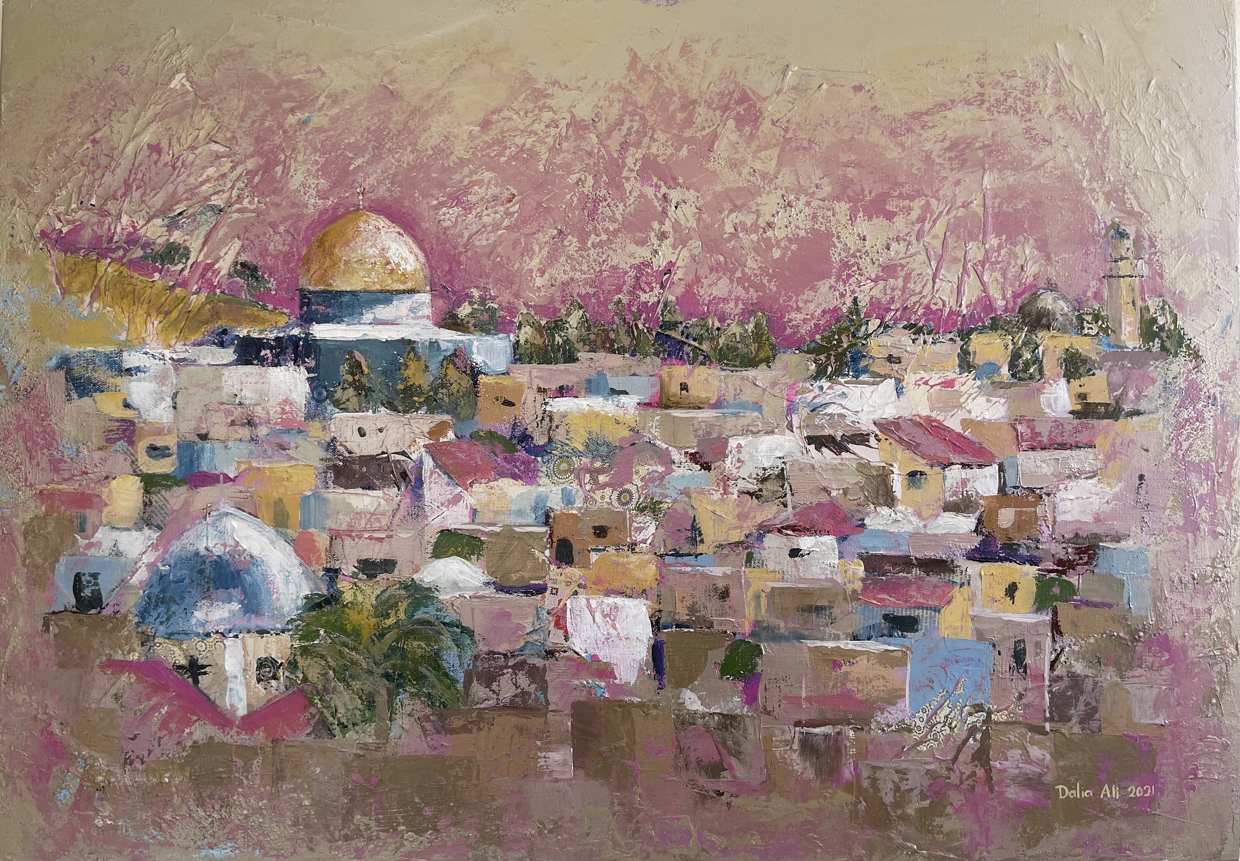 Fuschia Jerusalem, Mixed media on canvas, 80x100cm, sold