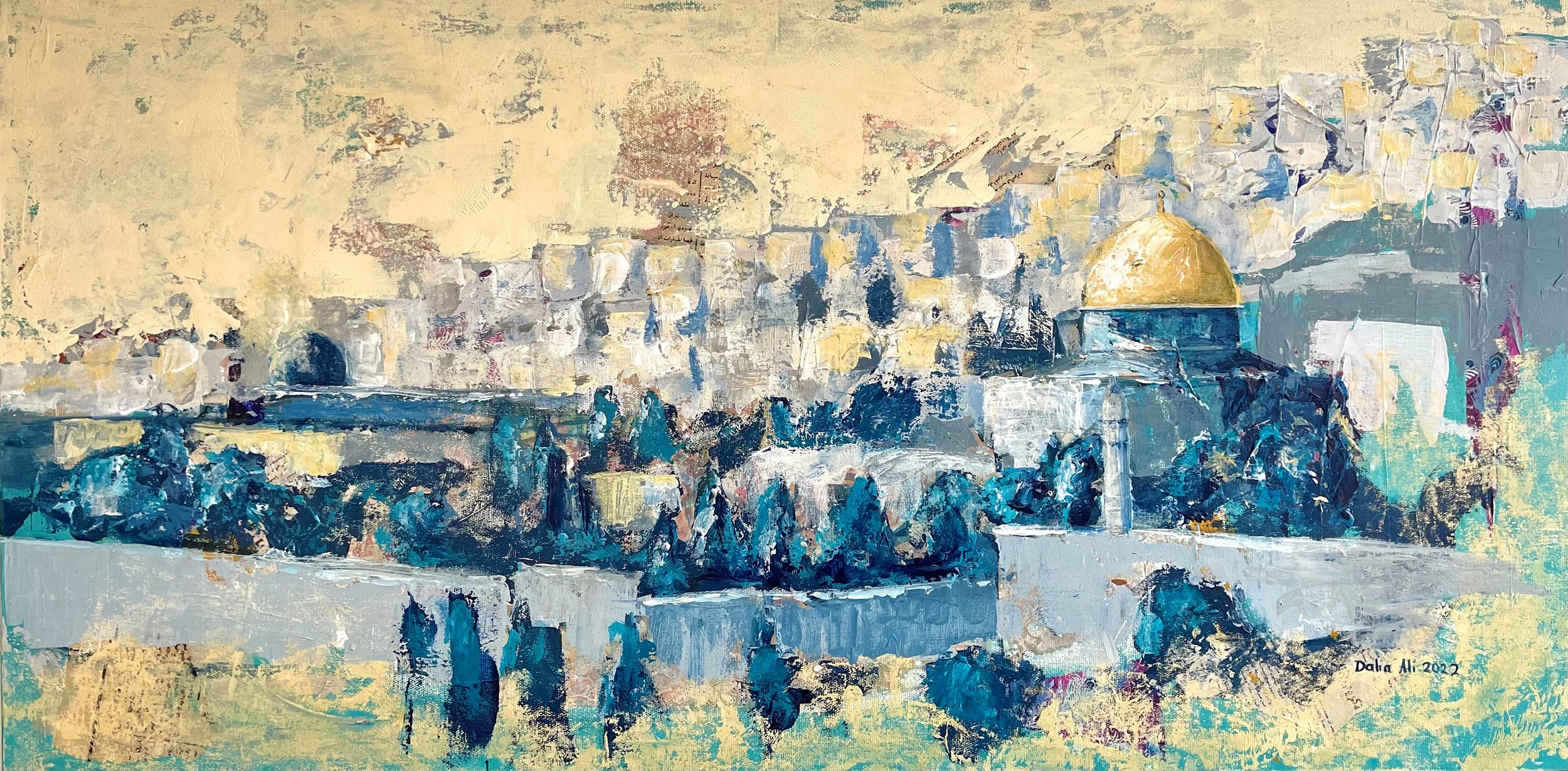 Turquoise Jerusalem, Mixed media on canvas, 50x100cm, sold